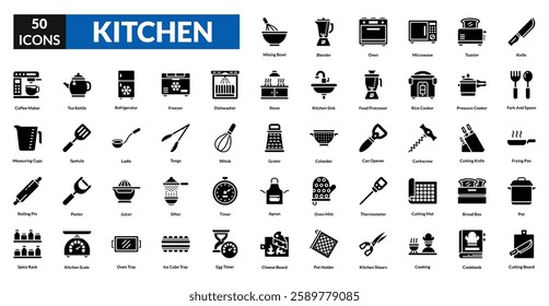 kitchen glyph icon set collection. Knife, Fork and Spoon, Frying Pan, Pot, Cutting Board, Mixing Bowl, Blender, Oven, Microwave, Toaster, Coffee Maker