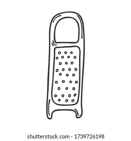Kitchen grater in Doodle style. Utensils for chopping vegetables Element for menu design, recipes,food packaging, and cooking magazines.Hand-drawn and isolated on a white background.Black-white vector