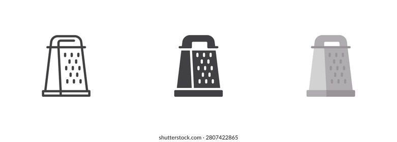 Kitchen grater icon in line, solid, flat colorful styles. Grater icon with holes, handle and base, color vector sign and symbol for cooking utensil set pack.