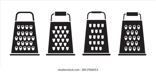 Kitchen grater icons set. Flat vector illustration of food shredding tools for cooking.