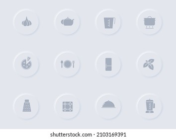 kitchen gray vector icons on round rubber buttons. kitchen icon set for web, mobile apps, ui design and promo business polygraphy