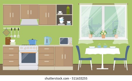 Kitchen in a green color. There is a kitchen furniture of a beige color, a table, two blue chairs, a kettle, a microwave and other objects in the picture. Vector flat illustration