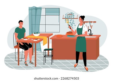 Kitchen green orange concept with people scene in the flat cartoon design. Wife cooked delicious dishes for her husband and let him taste them. Vector illustration.