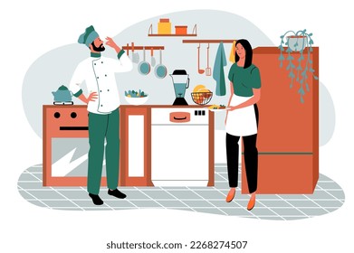 Kitchen green orange concept with people scene in the flat cartoon style. Kitchen worker watches the cook prepare the dishes. Vector illustration.