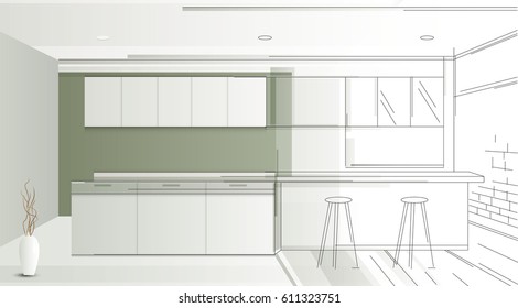 Kitchen green room interior design. Living room with furniture. Cozy interior with shelf. sketch style vector illustration.