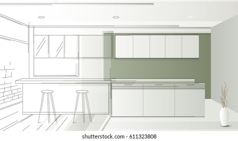 Kitchen green room interior design. Living room with furniture. Cozy interior with shelf. sketch style vector illustration.