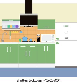 kitchen green. The kitchen is in shades of green. Vector illustrations kitchen. Kitchen furniture and kitchen appliances. Modern kitchen design in pastel colors.kitchen set, cooker hood,