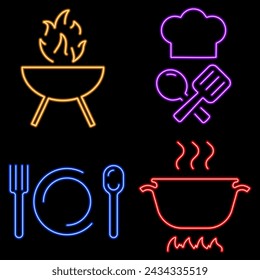 kitchen group of neon icons, vector illustration on black background.