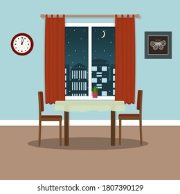 Küchen- oder Halle-Interieur, Tisch und Stühle auf Fensterhintergrund, farbige Vektorgrafik im Flachstil, Clipart, Design, Dekoration