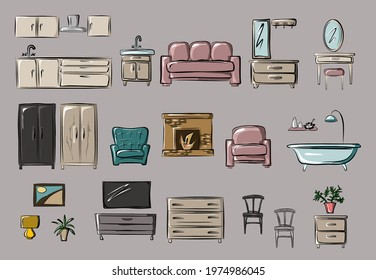 Kitchen, hallway, living room, bedroom. Sofa, armchair, wardrobe, chest of drawers, TV, mirror, floor lamp, chandelier. Part of a set of furniture and interior accessories. Isolated vector objects.