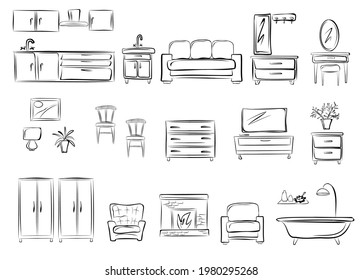 Cocina, pasillo, sala de estar, dormitorio. Sofá, sillón, armario, cómoda, televisión, espejo, lámpara de pie, lámpara de araña. Parte de un conjunto de muebles y accesorios interiores. Objetos vectoriales aislados.