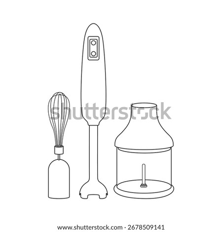 Kitchen hand blender with whisk and chopper accessories. Vector line illustration for cooking, recipe design, food blogs, and household themes.