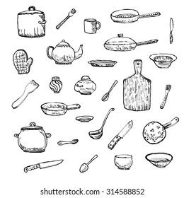 Kitchen hand drawn doodle set. Vector illustration. 