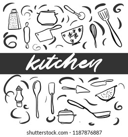 Kitchen hand drawn equipment vector illustration set