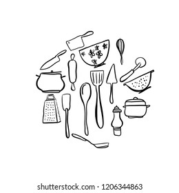 Kitchen hand drawn equipment vector illustration set