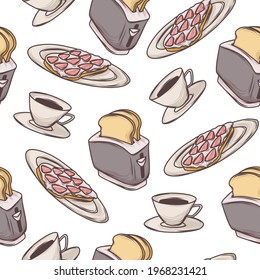 Kitchen hand drawn seamless pattern with cup of tea, coffee, toast bread with cream and strawberry and with toaster with two pieces of bread