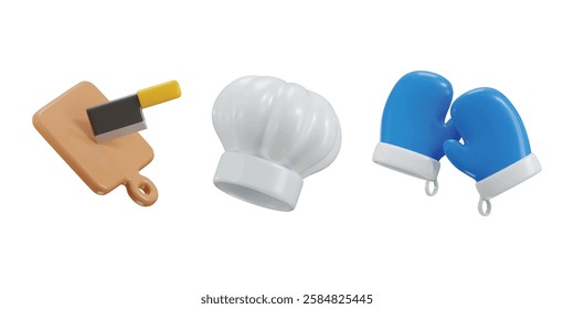 kitchen hand gloves with cutting board with knife and Chef hat icon set 3d render concept of Kitchen equipment icon