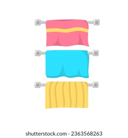 Kitchen hand towels, textile fabrics for spa, beach, shower cloth rolls lying in a pile. Colorful towels in cartoon style. Folded and hanging badges collection. Vector illustration, EPS 10. 