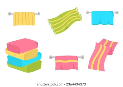 Kitchen hand towels, textile fabrics for spa, beach, shower cloth rolls lying in a pile. Colorful towels in cartoon style. Folded and hanging badges collection. Vector illustration, EPS 10. 