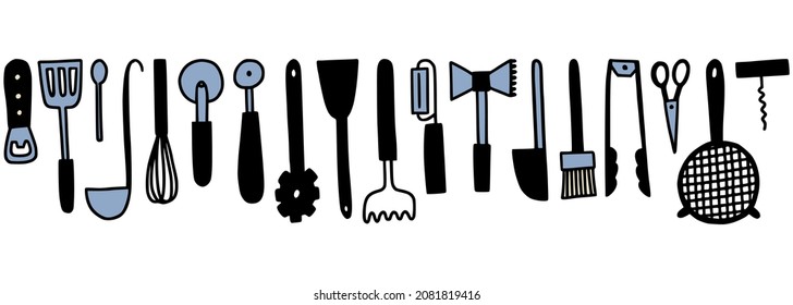 Kitchen hanging utensils and cutlery border. Doodle outline cooking and baking illustration. Cute hand drawn culinary tools and food. Background for kitchen graphic design.