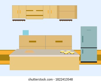 The kitchen has a refrigerator and a cup.