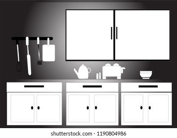 The kitchen has white cabinets, oven and cooking devices.