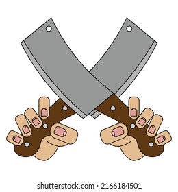 kitchen hatchets in hands, picture isolated on white background in cartoon style in vector graphic
