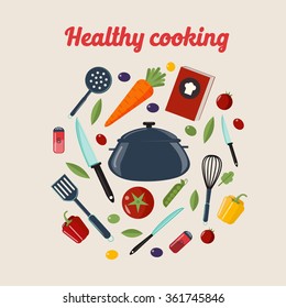 Kitchen Healthy Cooking Concept with Different Vegetables and Cutlery. Vector illustration in flat style