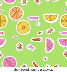 Kitchen herbs, lemons, doodles,dashed lines, labels  seamless pattern. Hand drawn.
