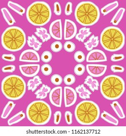 Kitchen herbs, lemons, doodles,dashed lines, labels pattern. Hand drawn.