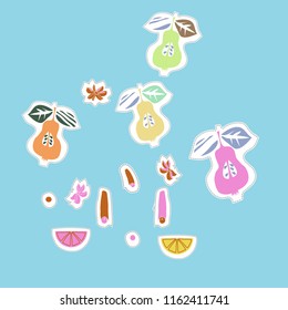 Kitchen herbs, lemons, pears, doodles,dashed lines, labels pattern. Hand drawn.
