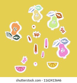 Kitchen herbs, lemons, pears, doodles,dashed lines, labels pattern. Hand drawn.