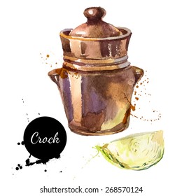 Kitchen herbs and spices banner. Vector illustration. Watercolor crock for ferment kimchi or sauerkraut