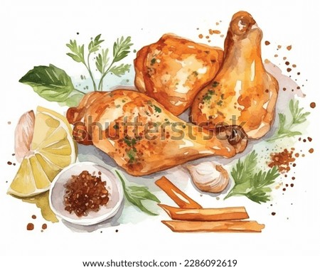 Kitchen herbs and spices card. Olive oil, rosemary, garlic, chili pepper, bay leaf, peppercorns, mortar and mill. Watercolor illustration on white background