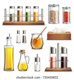 Kitchen herbs and spices rack cooking oil carafe bottle sugar dispenser and honey jar realistic set vector illustration  