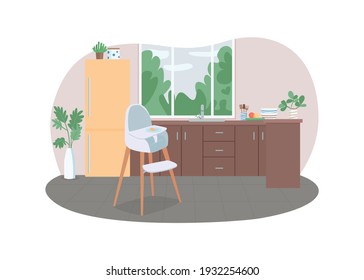 Kitchen With Highchair 2D Vector Web Banner, Poster. Feeding Stool. Family Household With No People Flat Scene On Cartoon Background. Residential Space Printable Patch, Colorful Web Element