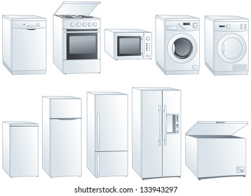 Kitchen home appliances: fridge, oven, stove, microwave, dishwasher, washing machine, dryer. Vector illustration