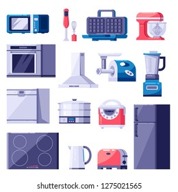 Kitchen home appliances icons and design elements set. Cooking electronics modern equipment. Vector colorful flat illustration.