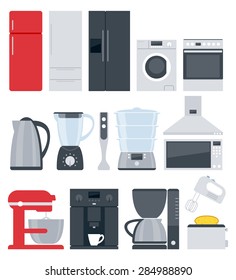 Kitchen home appliances icons set. Fridge stove washing machine kettle mixer coffee maker microwave oven