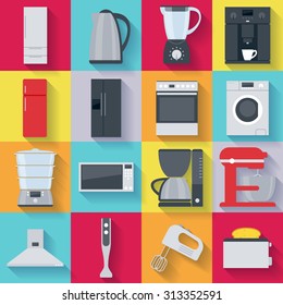 Kitchen home appliances icons set. Fridge stove washing machine kettle mixer coffee maker microwave oven.