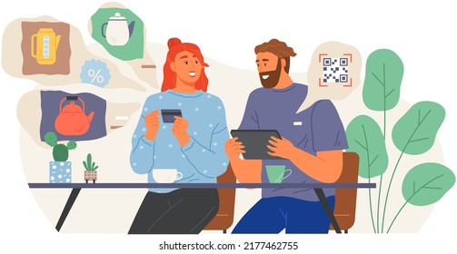 Cocina y tienda de electrodomésticos. El concepto de compra en línea de comercio electrónico. Pareja eligiendo y comprando equipo doméstico, hervidor de agua de la tienda de Internet. Los compradores hacen pedidos en el sitio web o en la aplicación