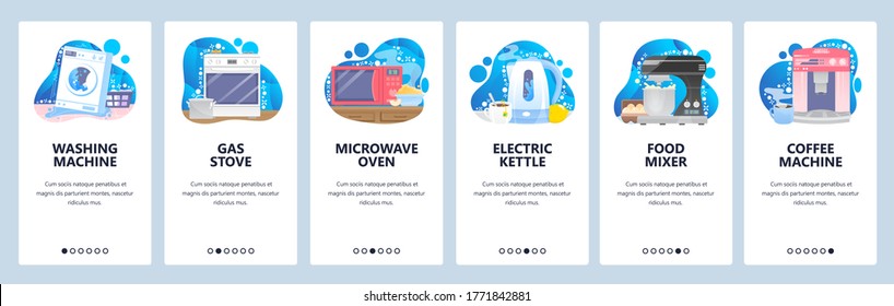 Kitchen and home appliances. Washing machine, kitchen electronics for cooking needs. Mobile app screens. Vector banner template for website and mobile development. Web site design illustration.