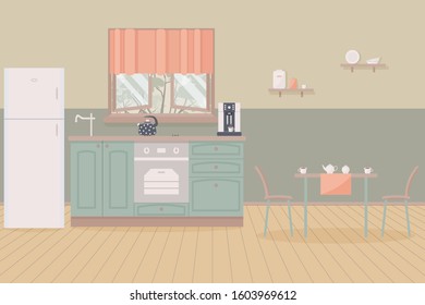 Kitchen home cute country interior. Indoor furniture and equipment: fridge and stove and cupboard and shelves, table, cups of tea,kettle, coffee machine, sink, faucet.Vector illustration - Shutterstock ID 1603969612