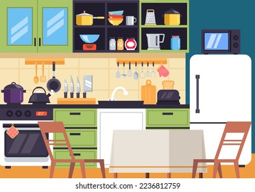 Kitchen home house room interior table cooking furniture. Vector flat graphic design element concept illustration