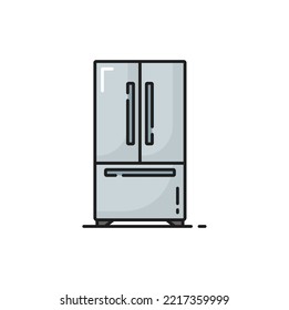 Kitchen Home Household Equipment, House Appliance Isolated Double Fridge Color Line Icon. Vector Double Fridge, Refrigerator With Side-by-side Door And Down Shelf Freezer, Industrial Fridge Showcase