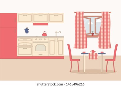 Kitchen home interior. Indoor furniture: fridge, stove, cupboard, hood, kettle, MITT, oven MITT,sink, faucet.Vector illustration