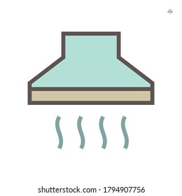 kitchen hood or cooker hood vector icon. Also called extractor, exhaust or range hood. Stainless steel with fan, filter and chimney for air ventilation on stove in kitchen and restaurant. 64x64 pixel.
