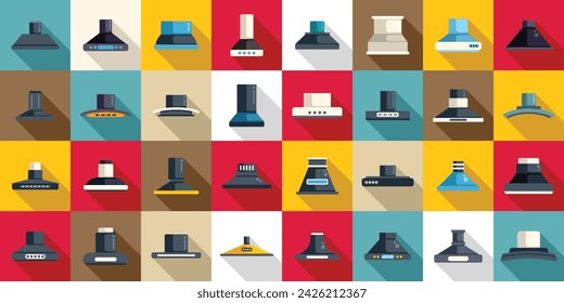 Iconos de campana de cocina conjunto vector plano. Chimenea ventilación aire. Casa de cocina