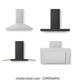 Kitchen hoods different shape set realistic vector illustration. Silver gray and black modern household appliances for cuisine integration electrical air clean filter over stove for cooking aroma food