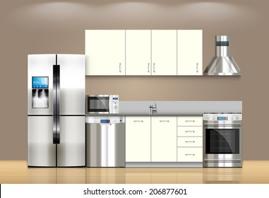 Kitchen and house appliances: microwave, refrigerator, gas stove, dishwasher, range cooker hood, stool, kitchen furniture